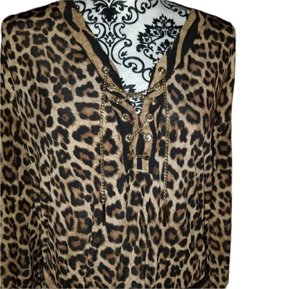 Micheal  Kors size XL black leopard print dress gold chain detail optional belt